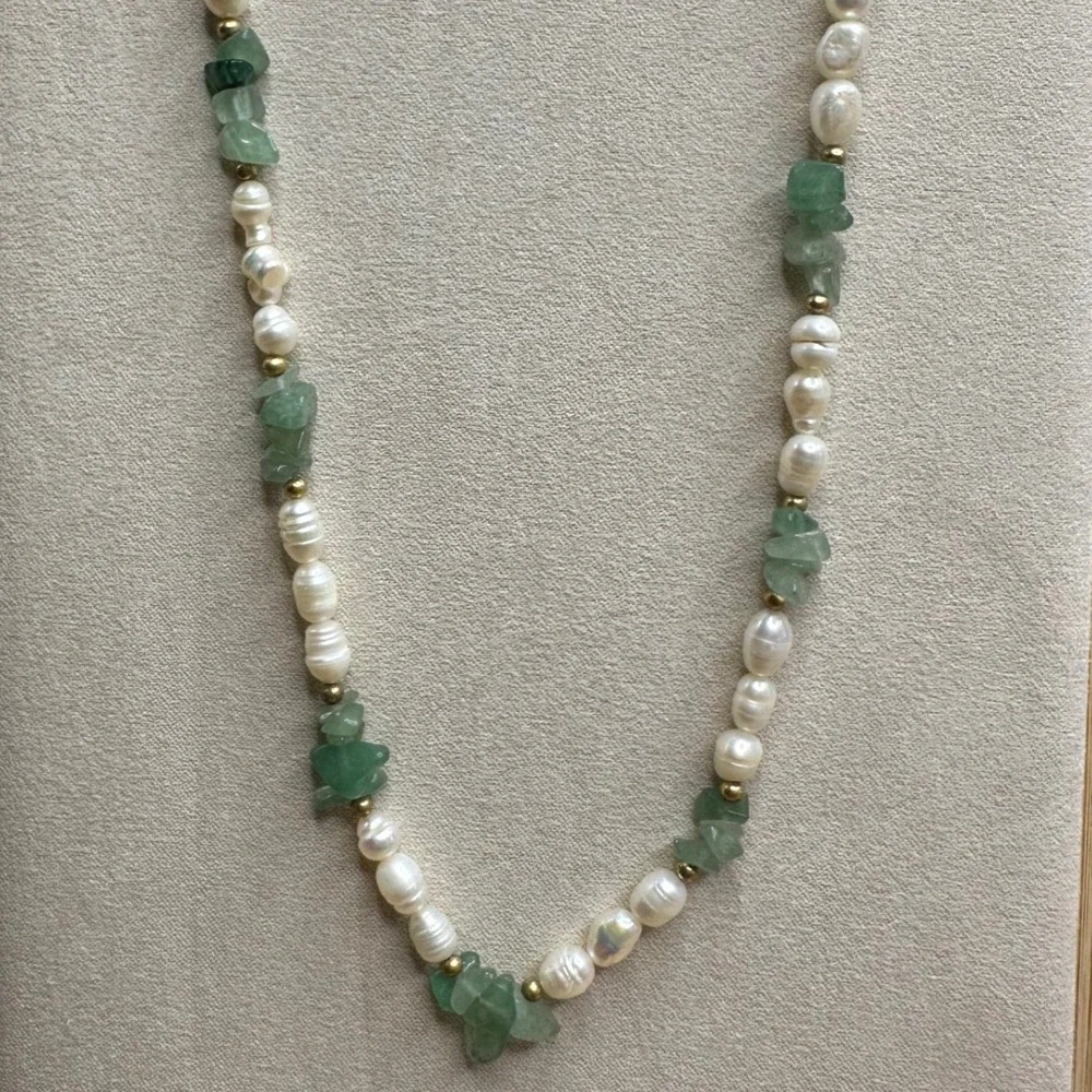 Women Necklace Green White Freshwater Pearl Aventurine Boho Coastal Gold Earthy